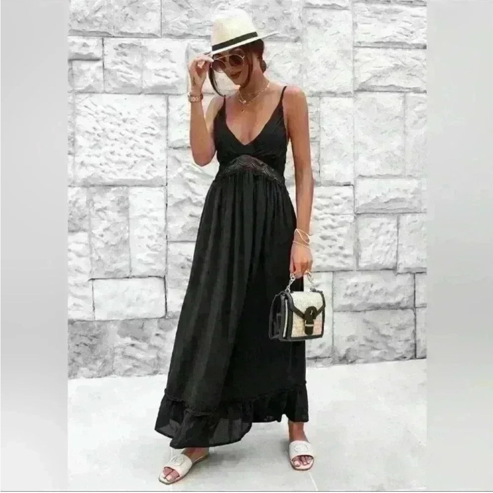 NWT JASON WU Black Linen Maxi Dress Crochet Size L